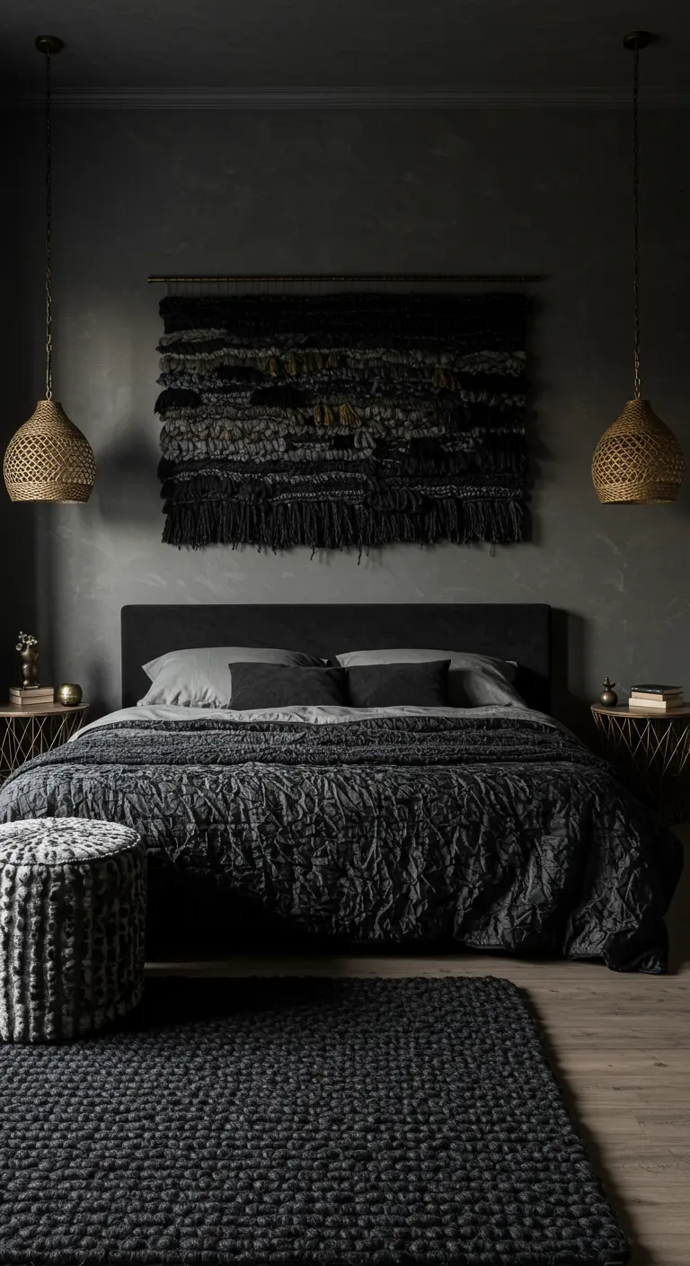 Textured charcoal bedroom with a macrame wall hanging and woven accessories.