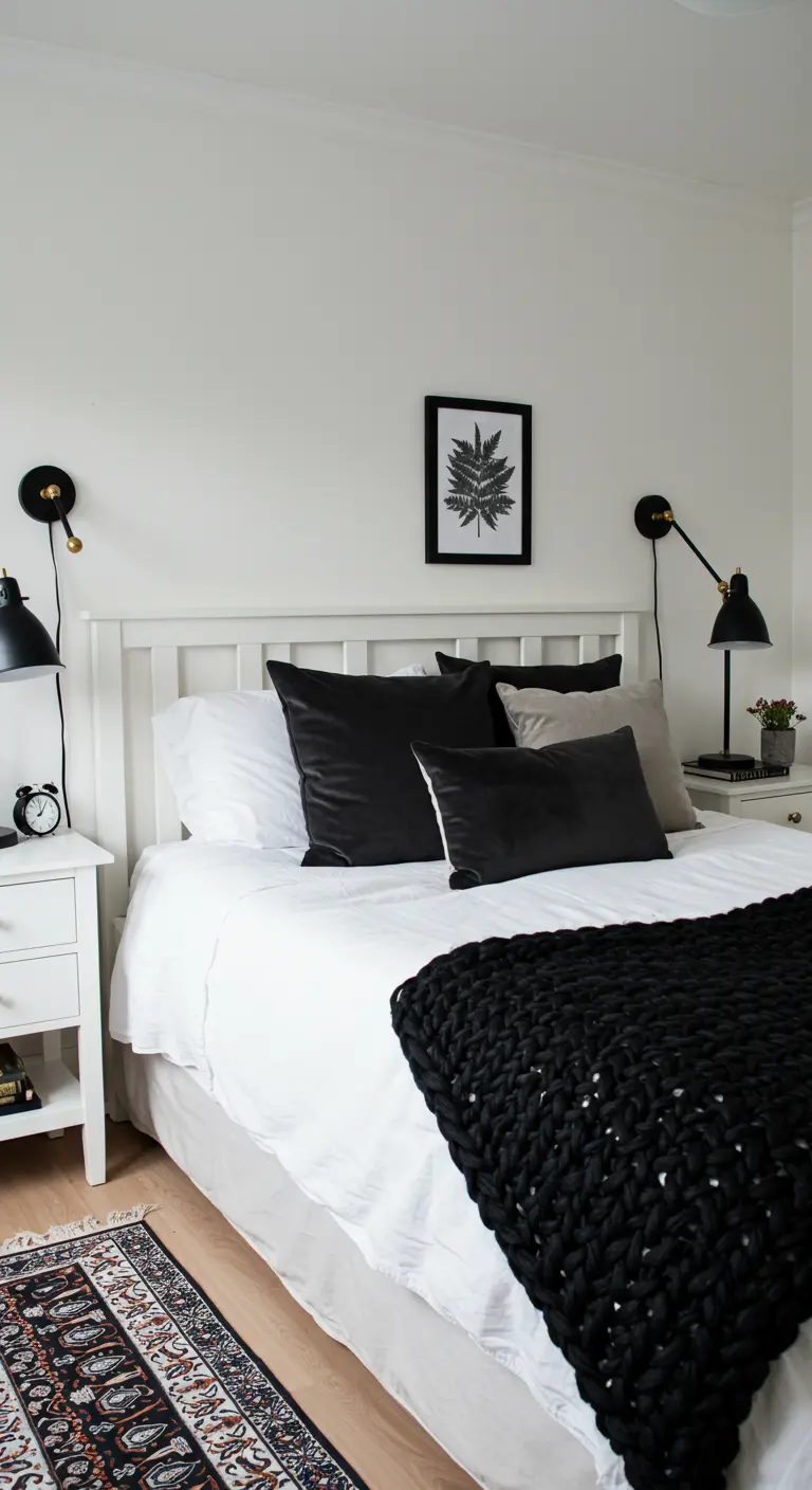 A white bed layered with black velvet pillows and a chunky black knit throw blanket.