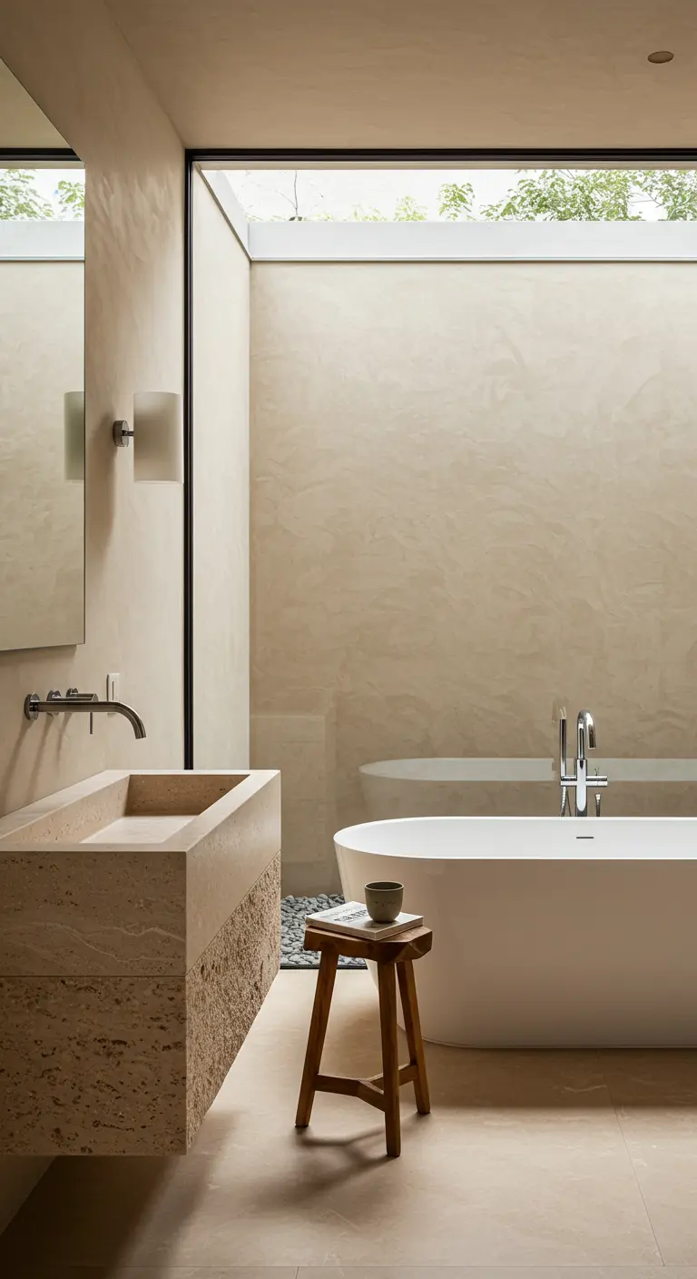 Beige bathroom with a rough travertine vanity and a smooth freestanding tub.