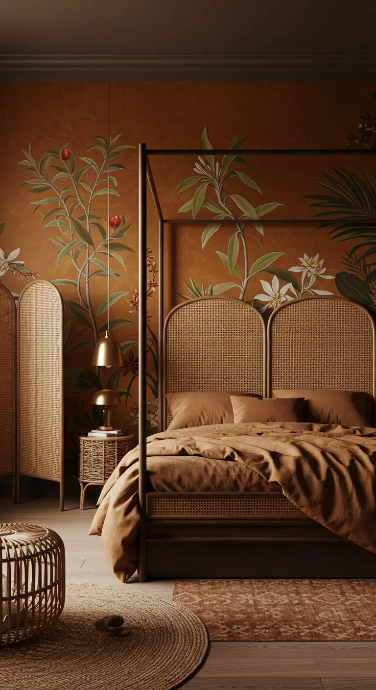 Bedroom with a burnt orange botanical mural, a metal canopy bed with a rattan headboard.