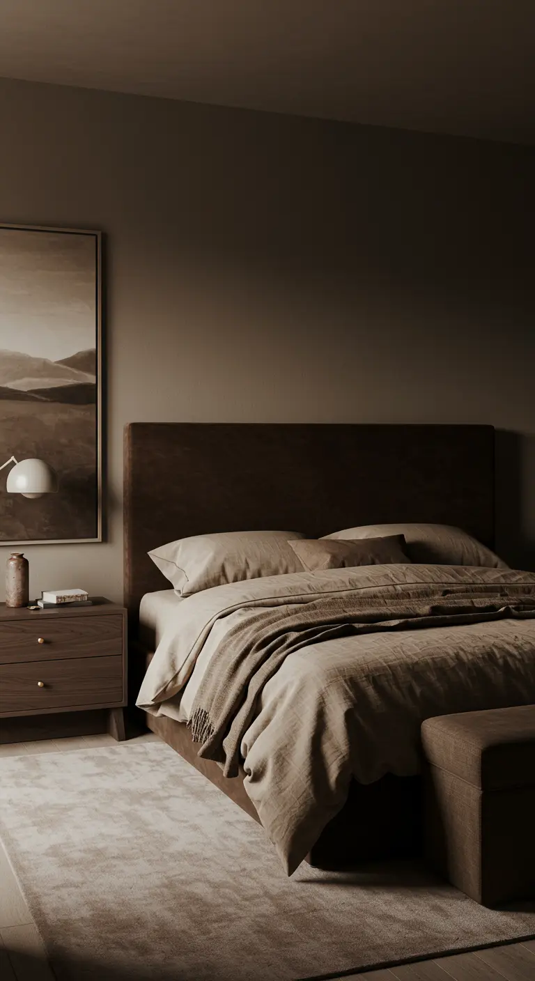 Monochromatic brown bedroom with a suede headboard and layered textiles.