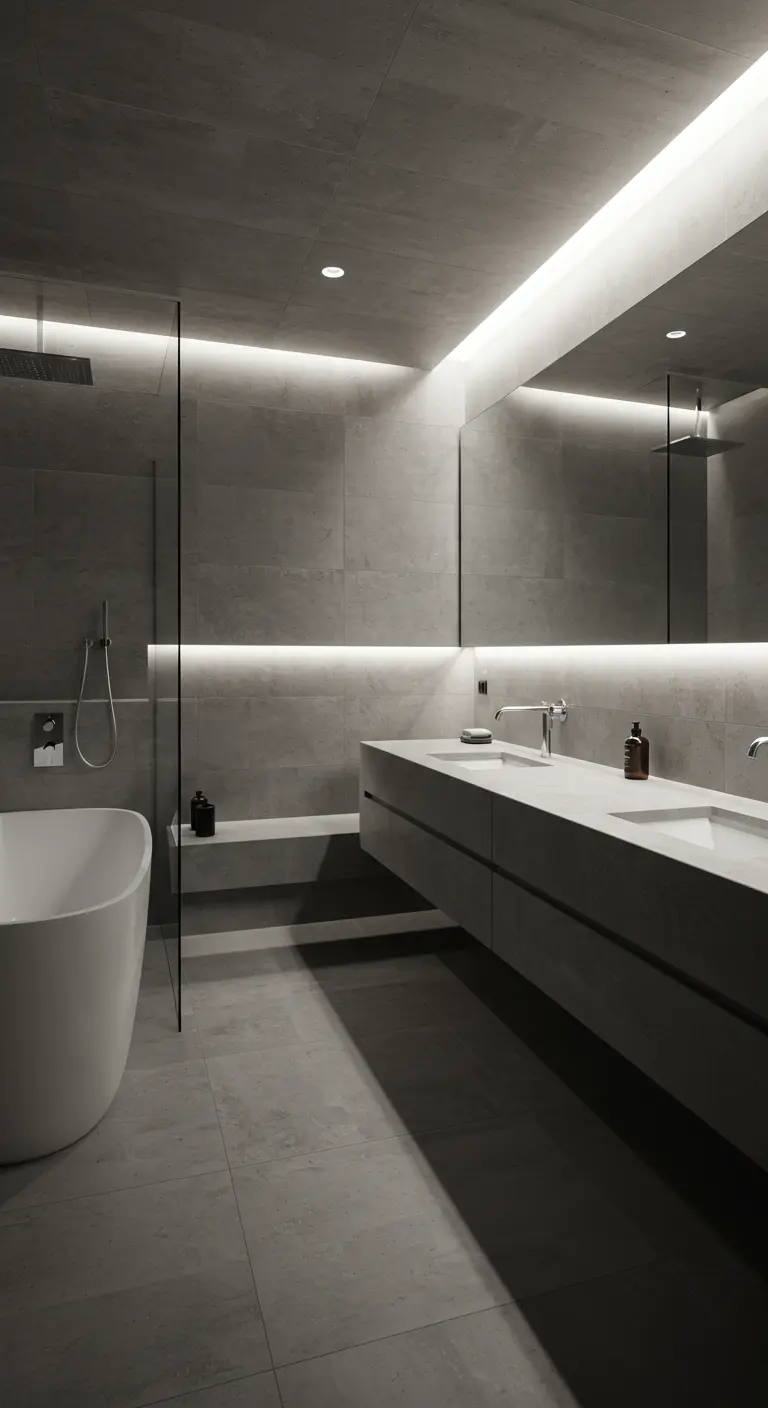 Moody gray bathroom with large-format tiles, a floating vanity, and warm cove lighting.
