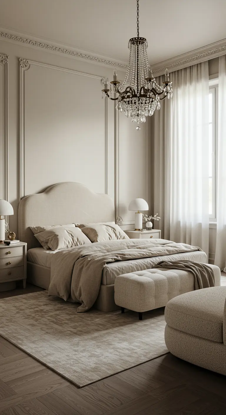 Serene neoclassical bedroom with a beige upholstered bed and layered neutral textiles.