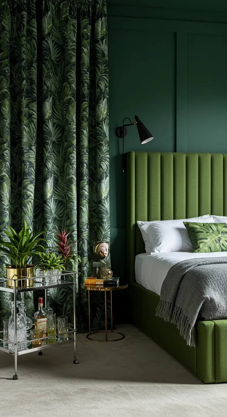 Lush green bedroom with a velvet headboard, matching tropical print curtains, and a bar cart.
