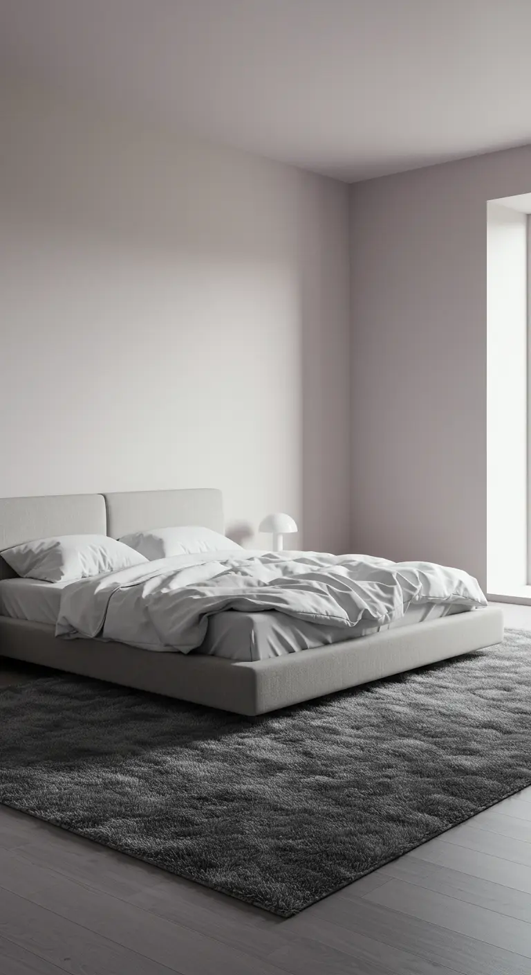 Monochromatic gray bedroom with a plush shag rug and an upholstered bed.