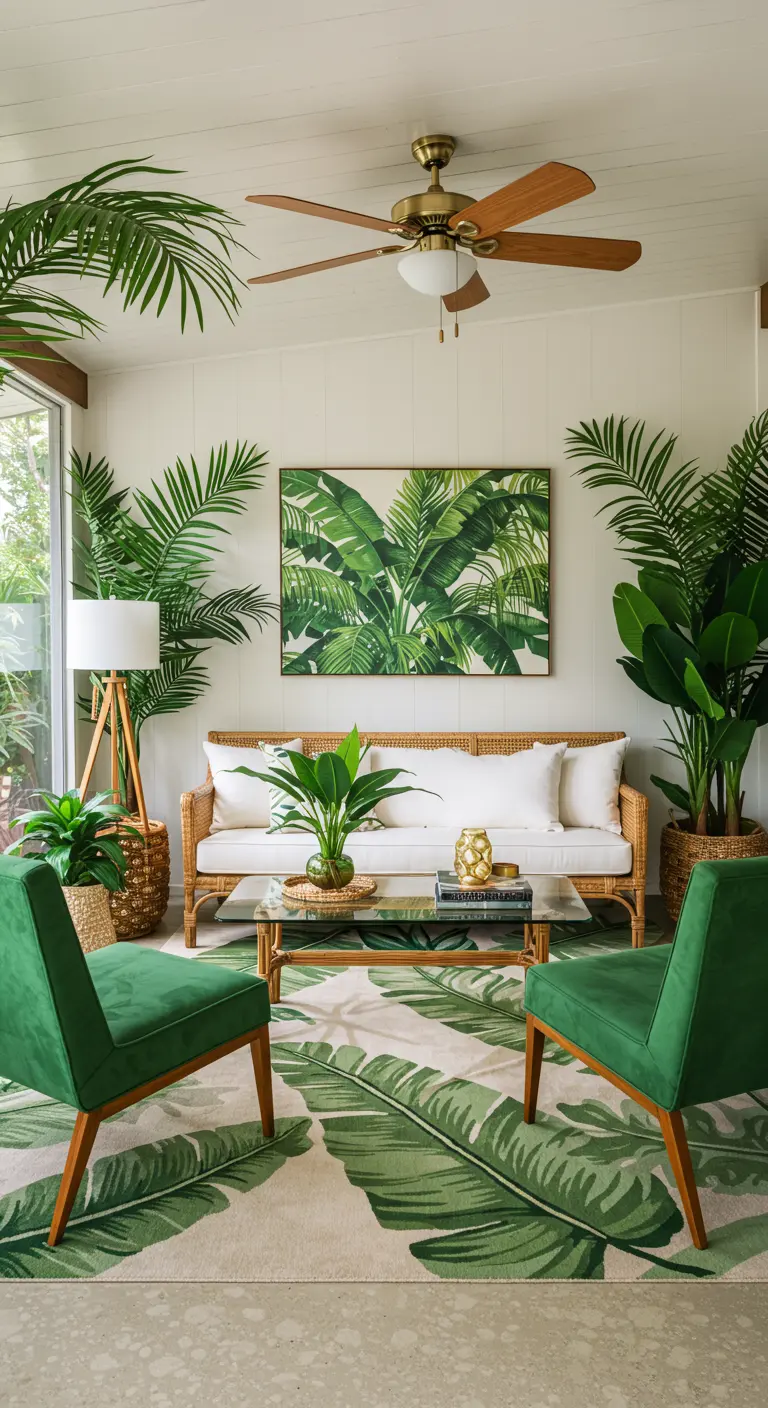 Tropical-themed living room with a rattan sofa, many plants, and a bold leaf-print rug.