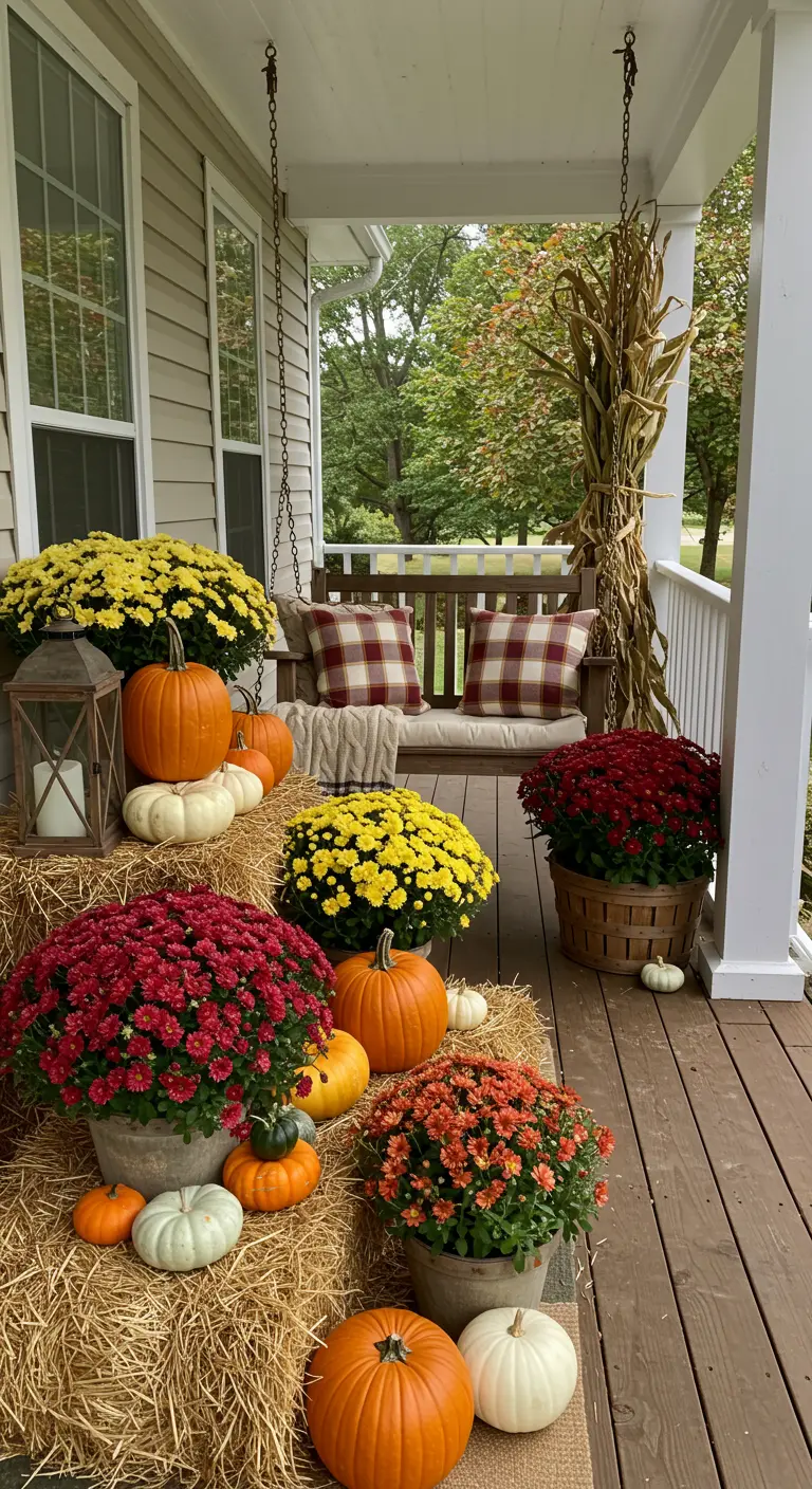 Front porch decorated with layered hay bales, colorful mums, and pumpkins.