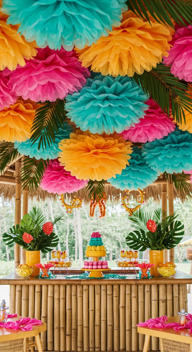A tiki bar covered in a canopy of vibrant tropical-colored pom-poms and palm leaves.