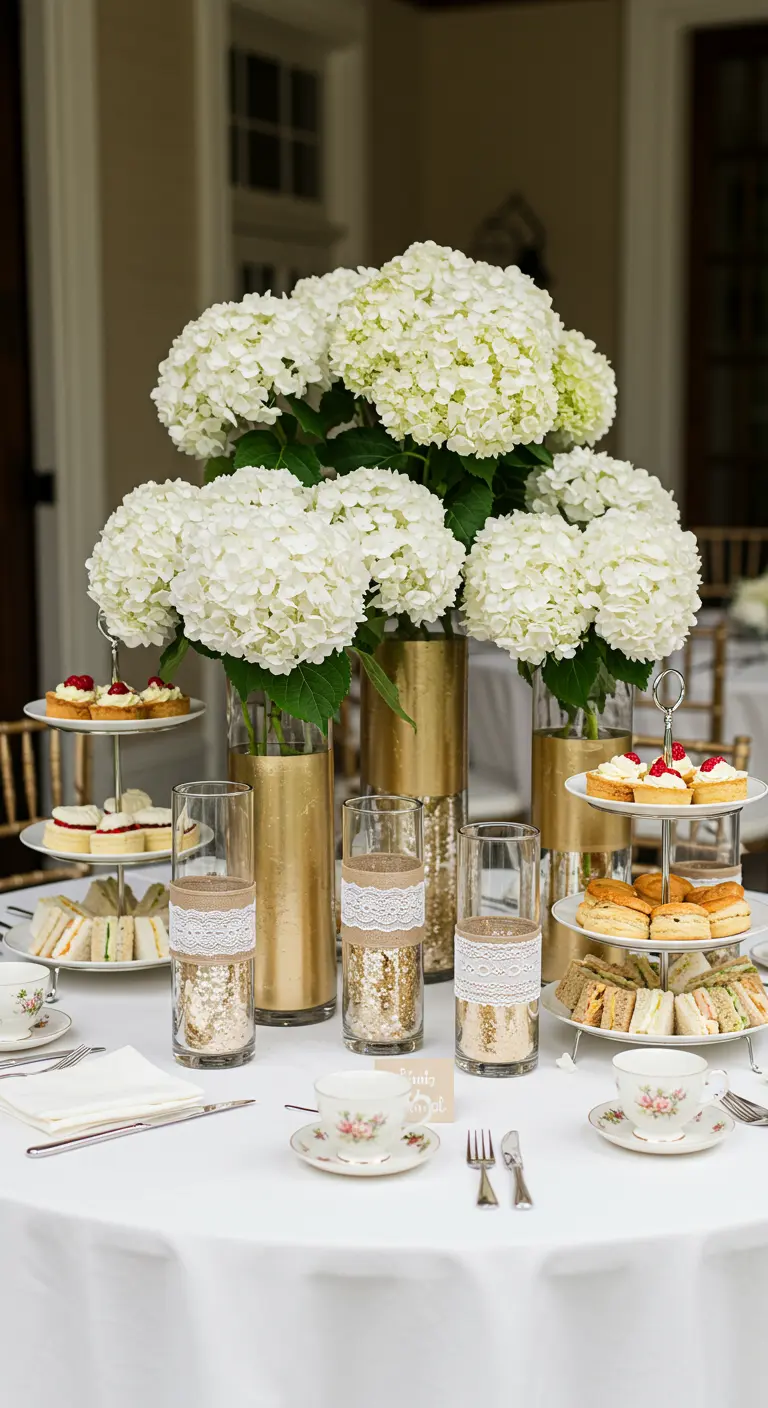 A grouping of glass vases decorated with gold glitter and lace bands, filled with white hydrangeas.