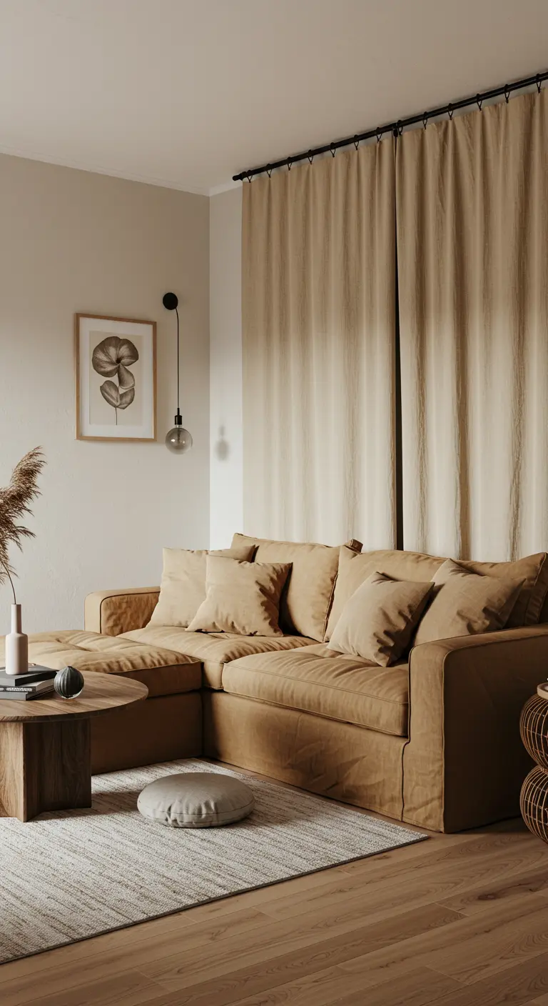 A living room with a caramel-colored sectional sofa and a natural-toned rug.