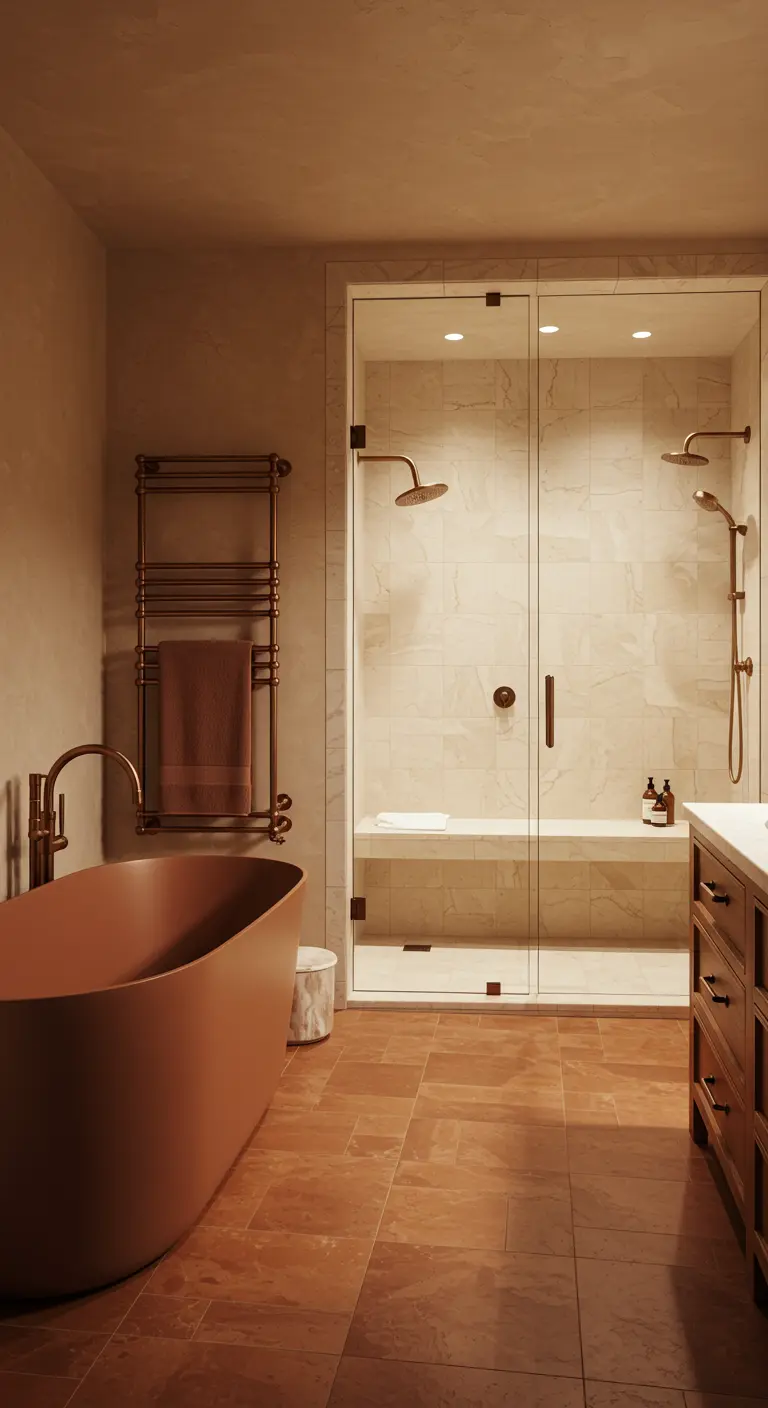 Warm, earth-toned bathroom with a terracotta-colored tub and bronze towel warmer.