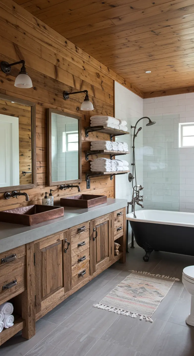 Rustic bathroom with wood walls, copper sinks, and a black clawfoot tub.