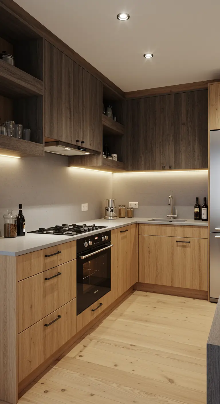 Japandi kitchen with dark upper cabinets and light wood lower cabinets.