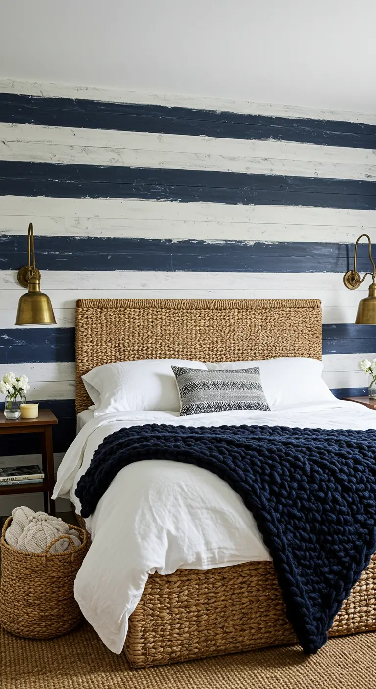 Bedroom with a woven seagrass bed, a chunky navy knit throw, and a rustic striped wall.