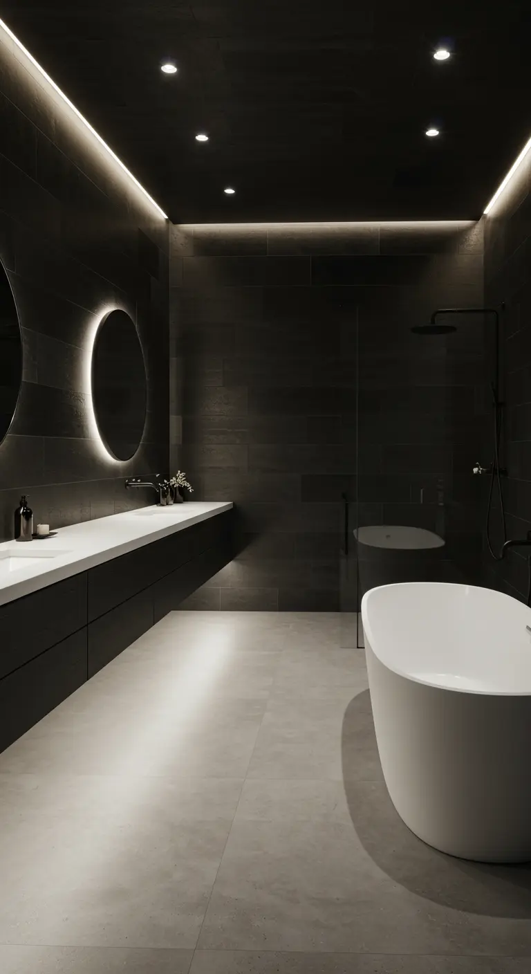 Modern black bathroom with cove lighting, backlit mirrors, and a white freestanding tub.