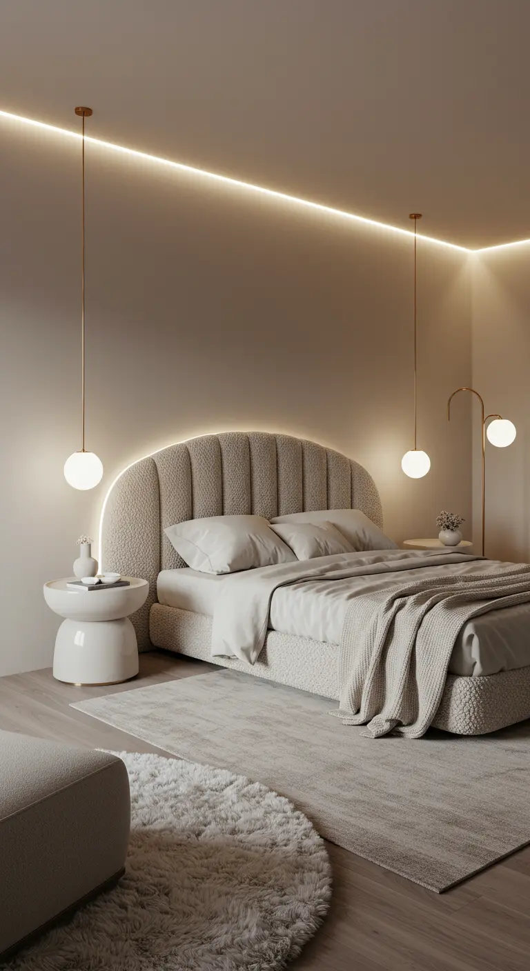 Neutral bedroom with a backlit headboard, ceiling perimeter lighting, and pendant lights.