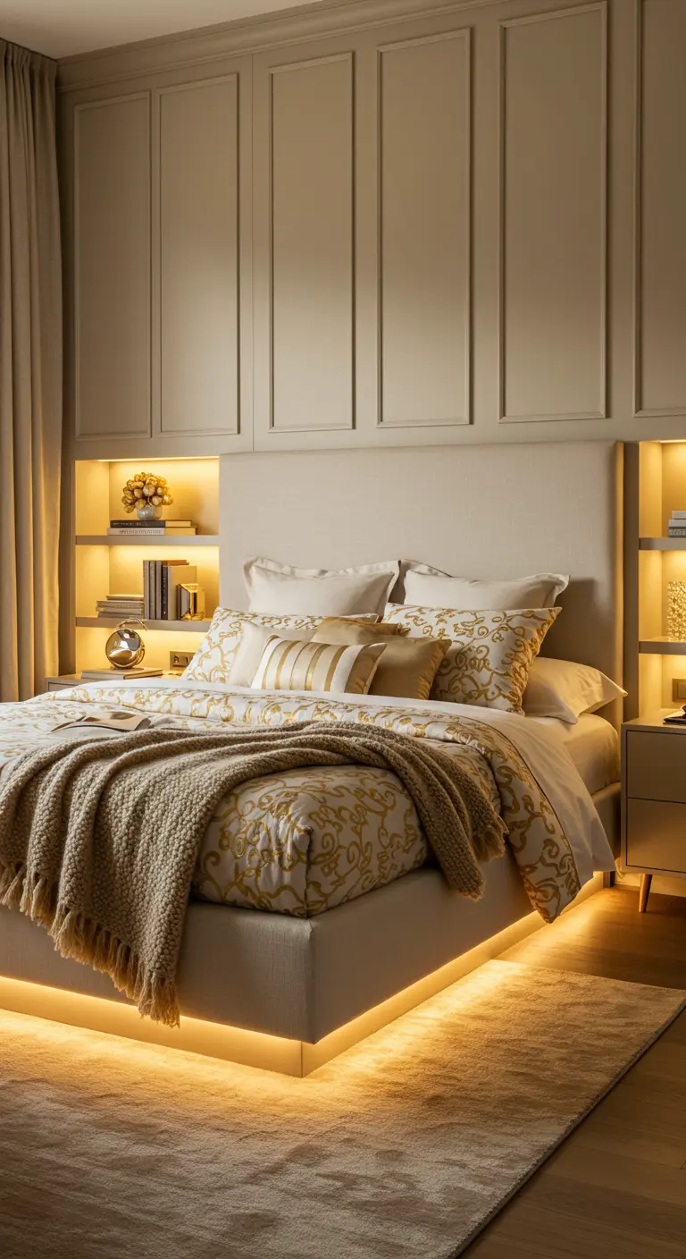 Bedroom with warm LED lighting under the bed and in recessed wall shelves.