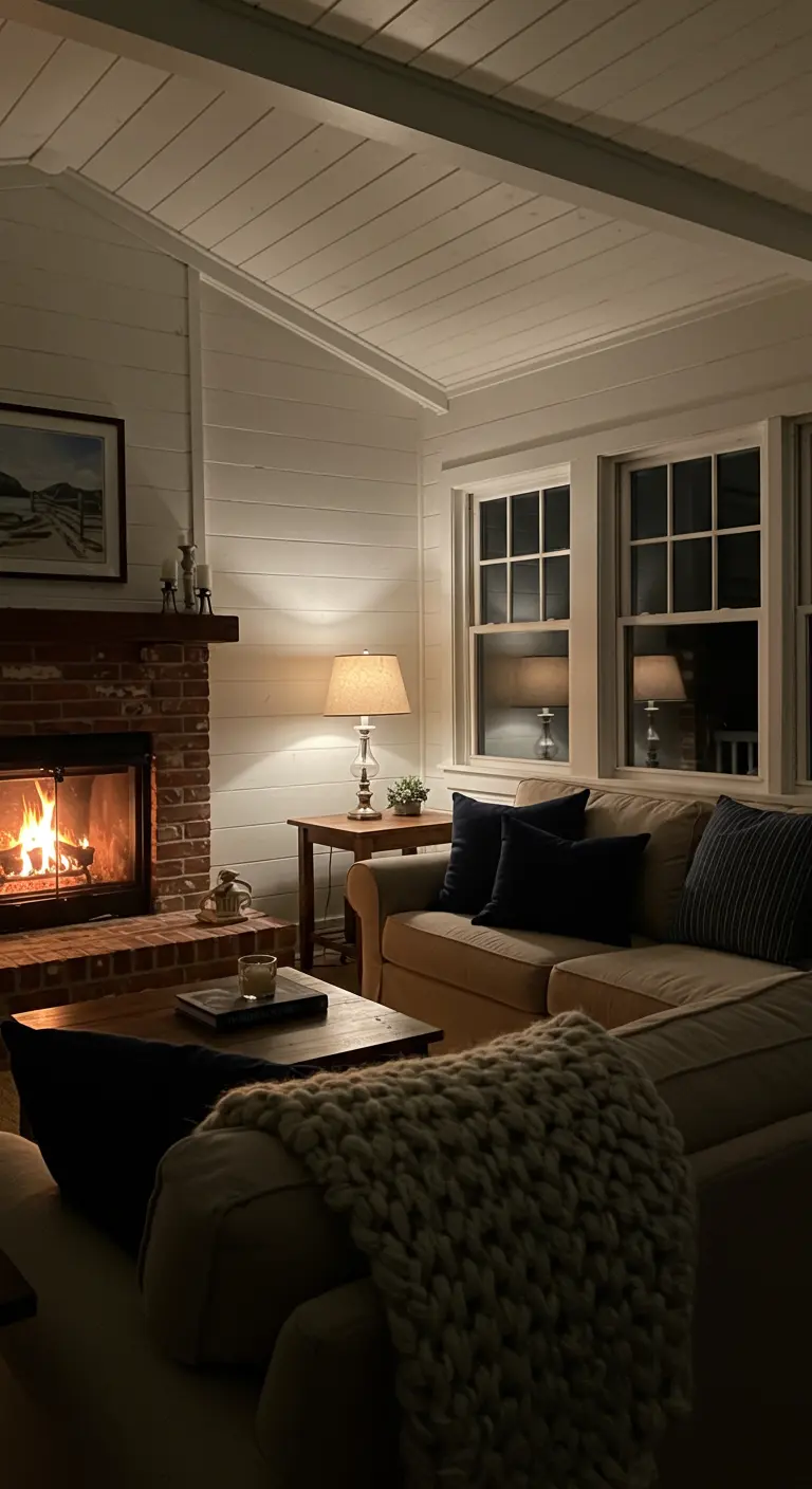 A cozy living room at night, illuminated by a glowing fireplace and a warm table lamp.