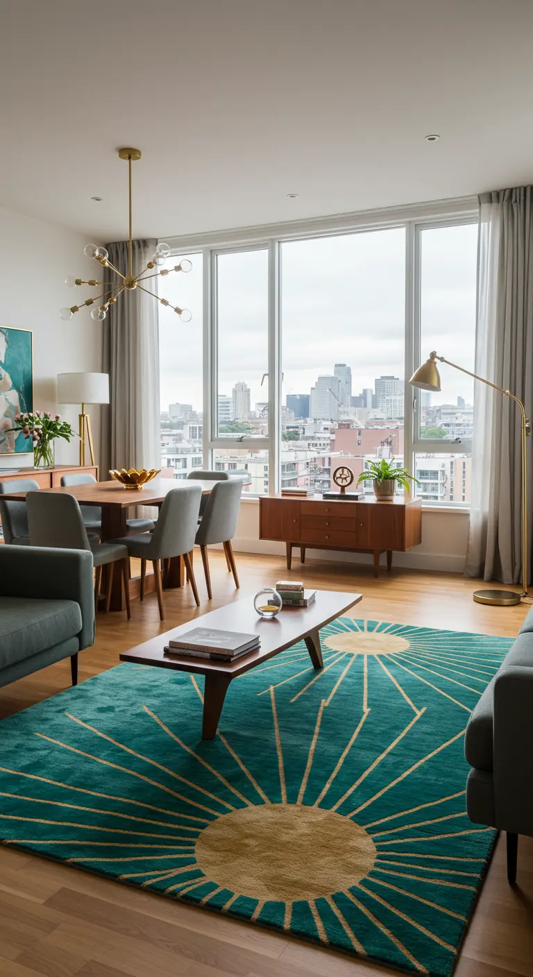Mid-century modern apartment living room with a Sputnik chandelier and an arc lamp.