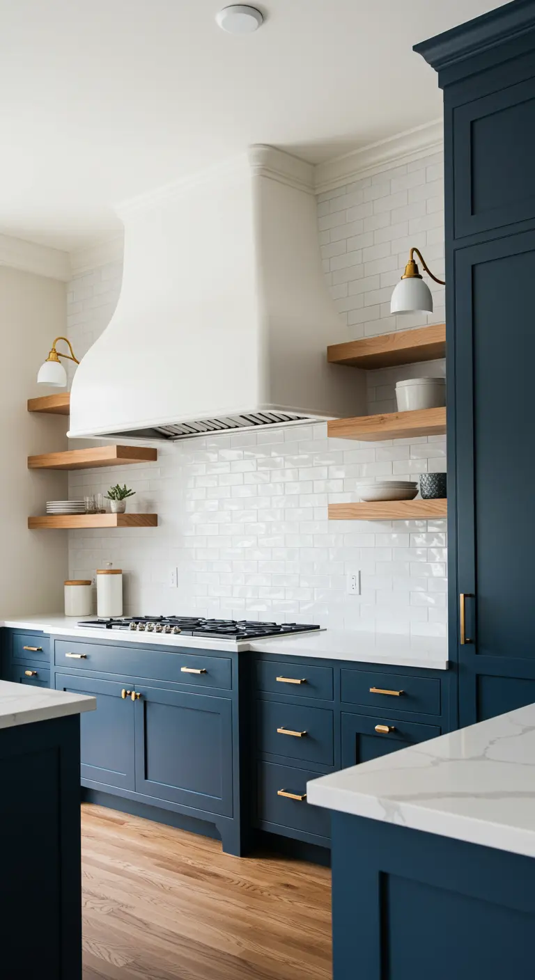 Navy and white kitchen with open shelving lit by small, adjustable wall sconces.