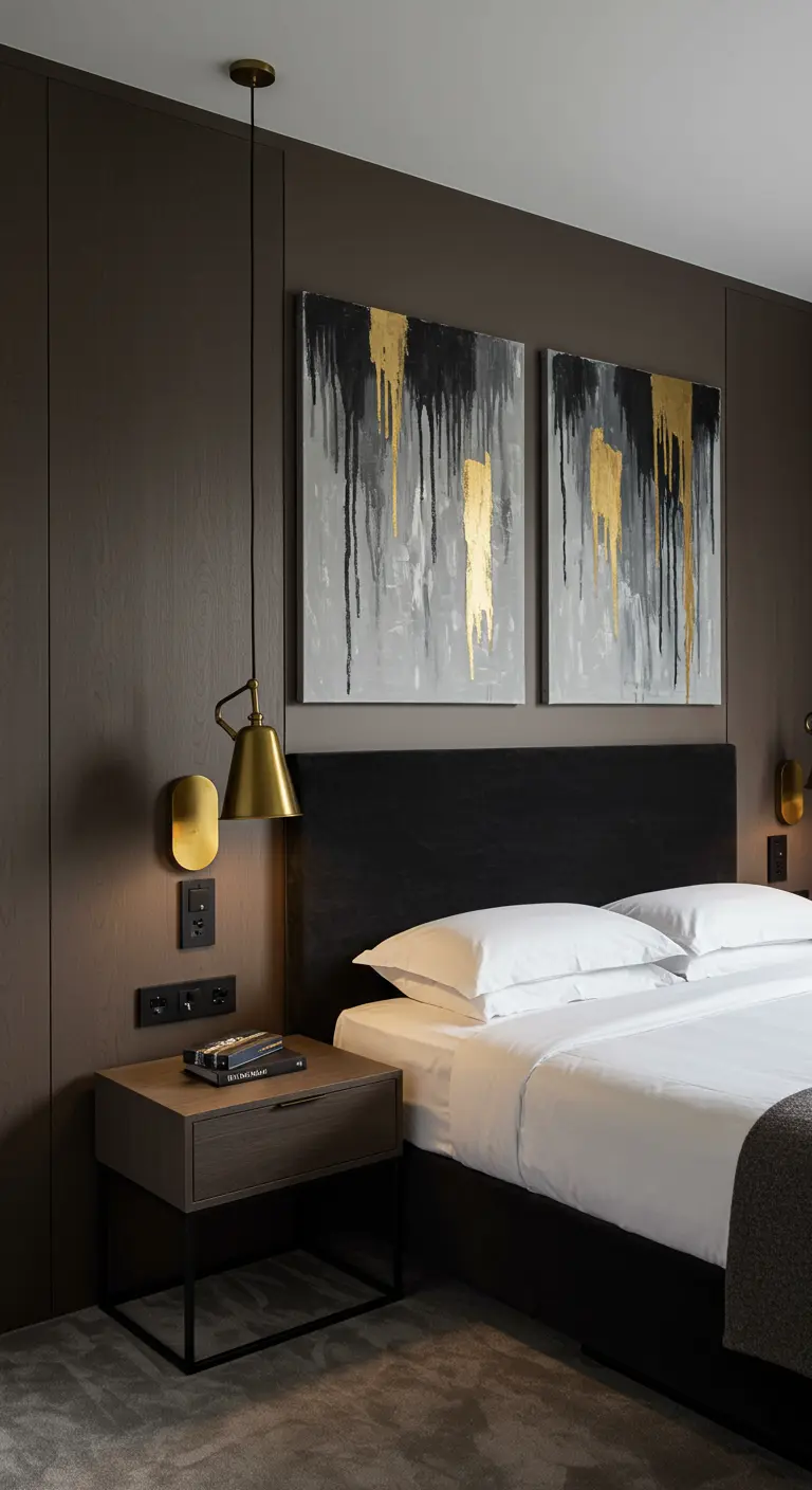 Bedroom with wood paneling, layered lighting, and gold-accented abstract art.