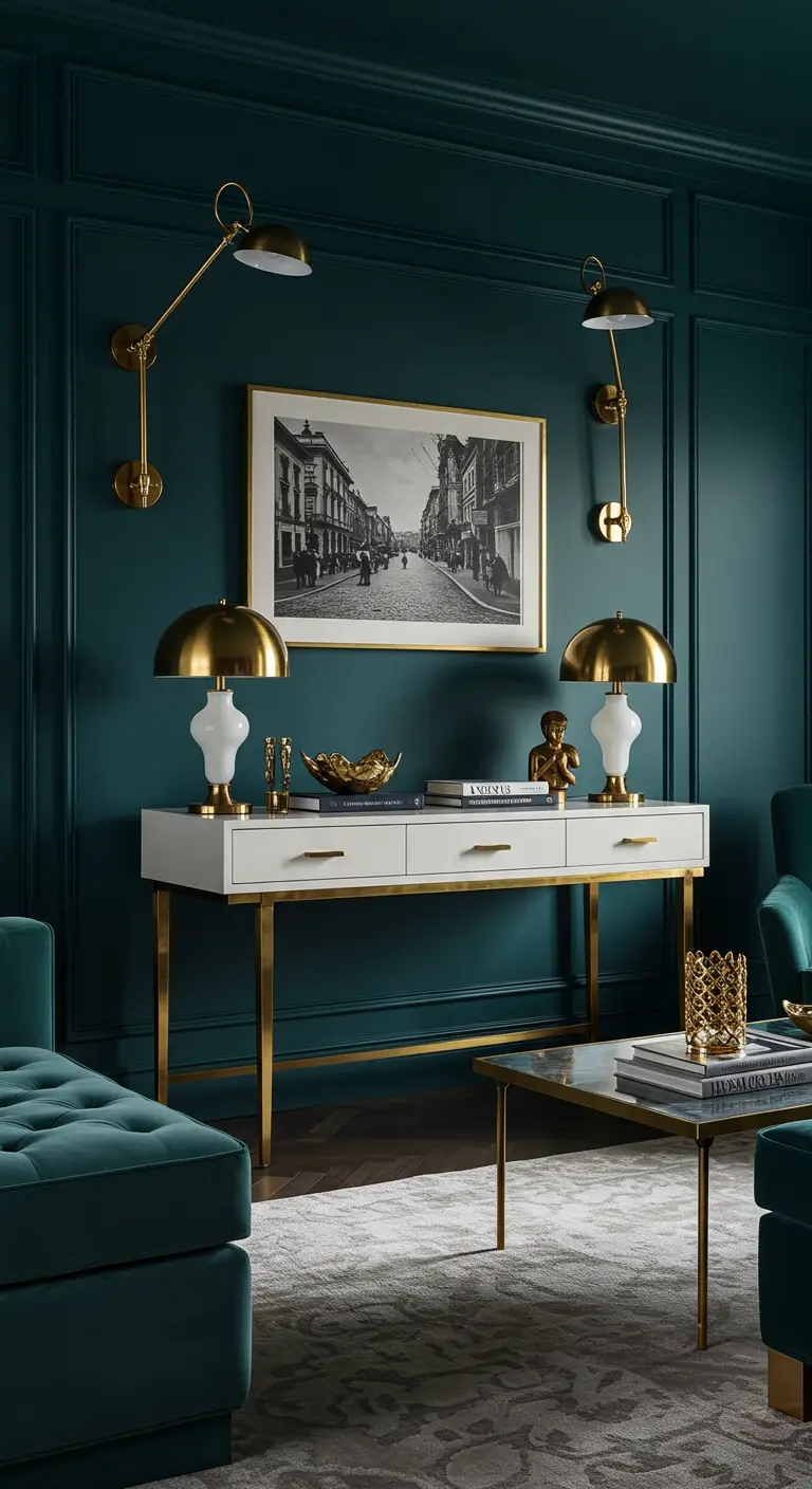 A white console in a teal room with layered lighting from sconces and table lamps.