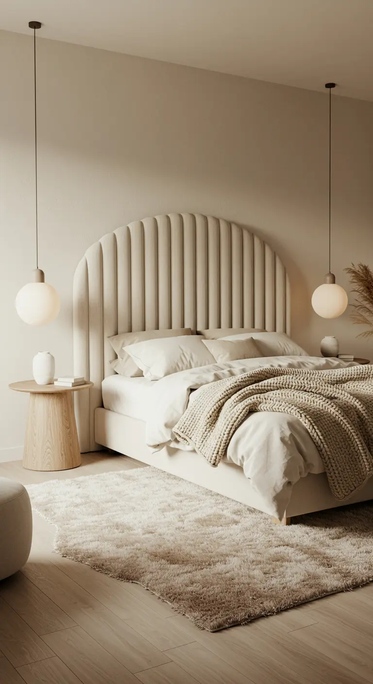 A serene bedroom with a channeled cream headboard flanked by two hanging globe pendants.