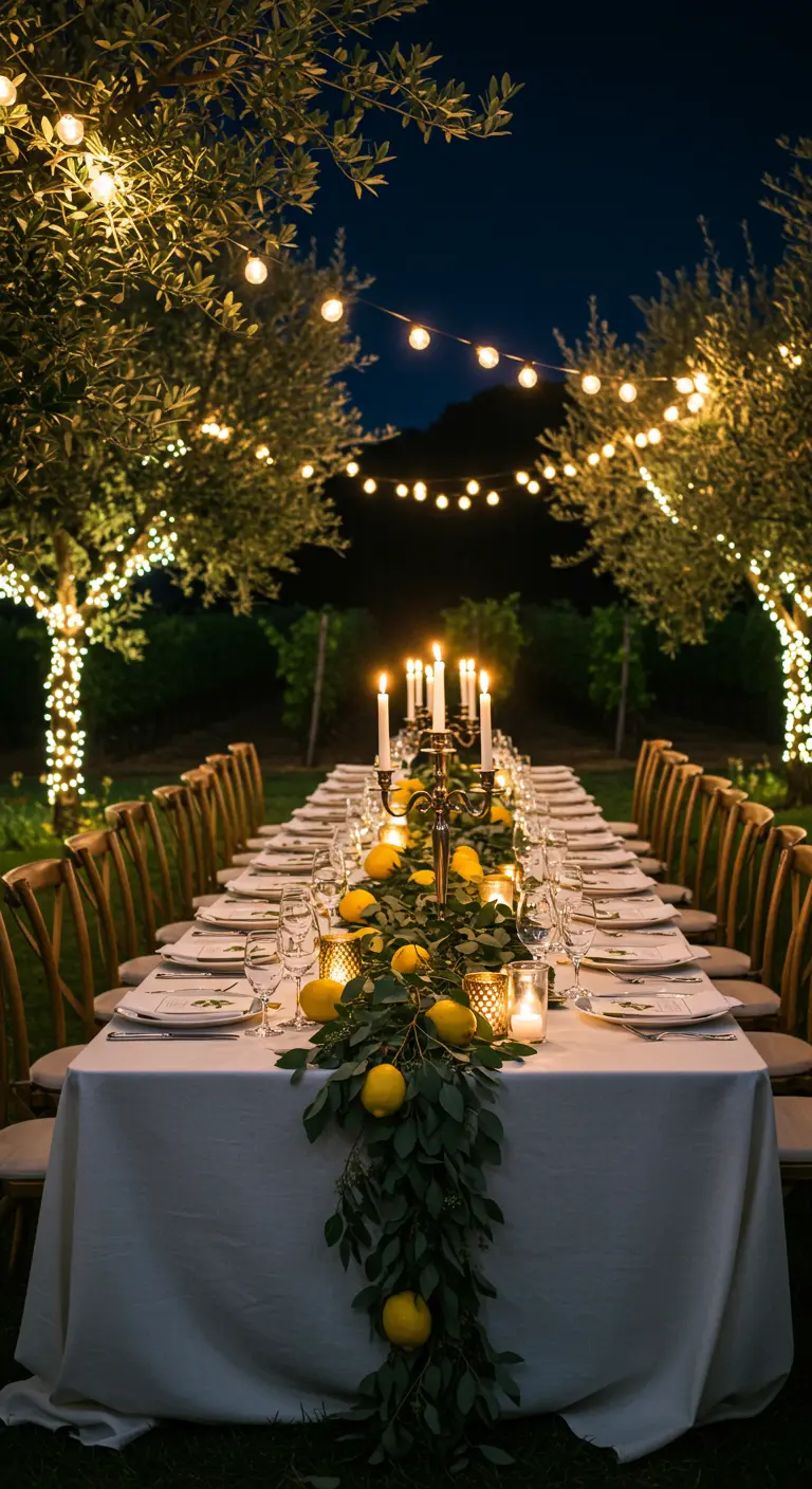 A long alfresco dining table at night, illuminated by candles and strings of lights overhead.