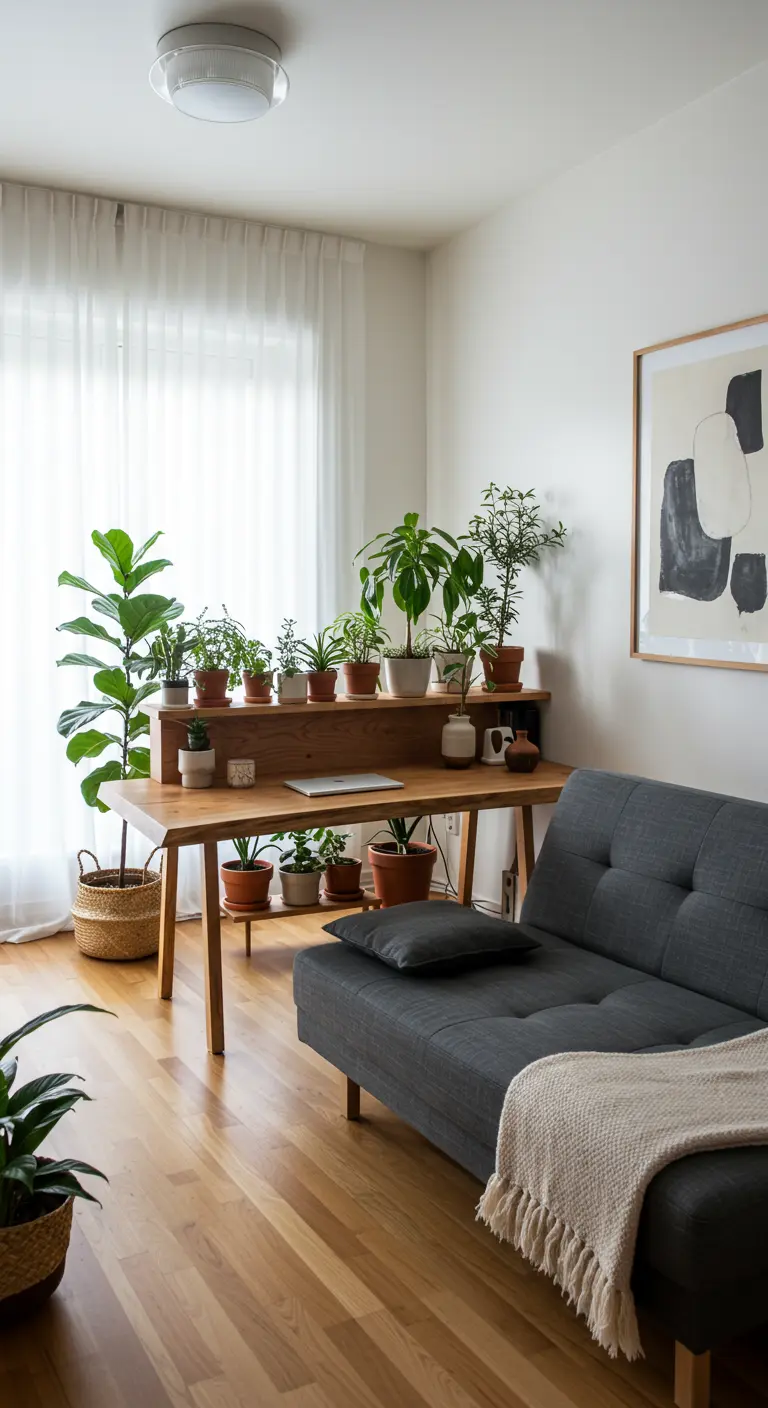 Japandi living room with a desk behind a grey sofa, layered with numerous potted plants.