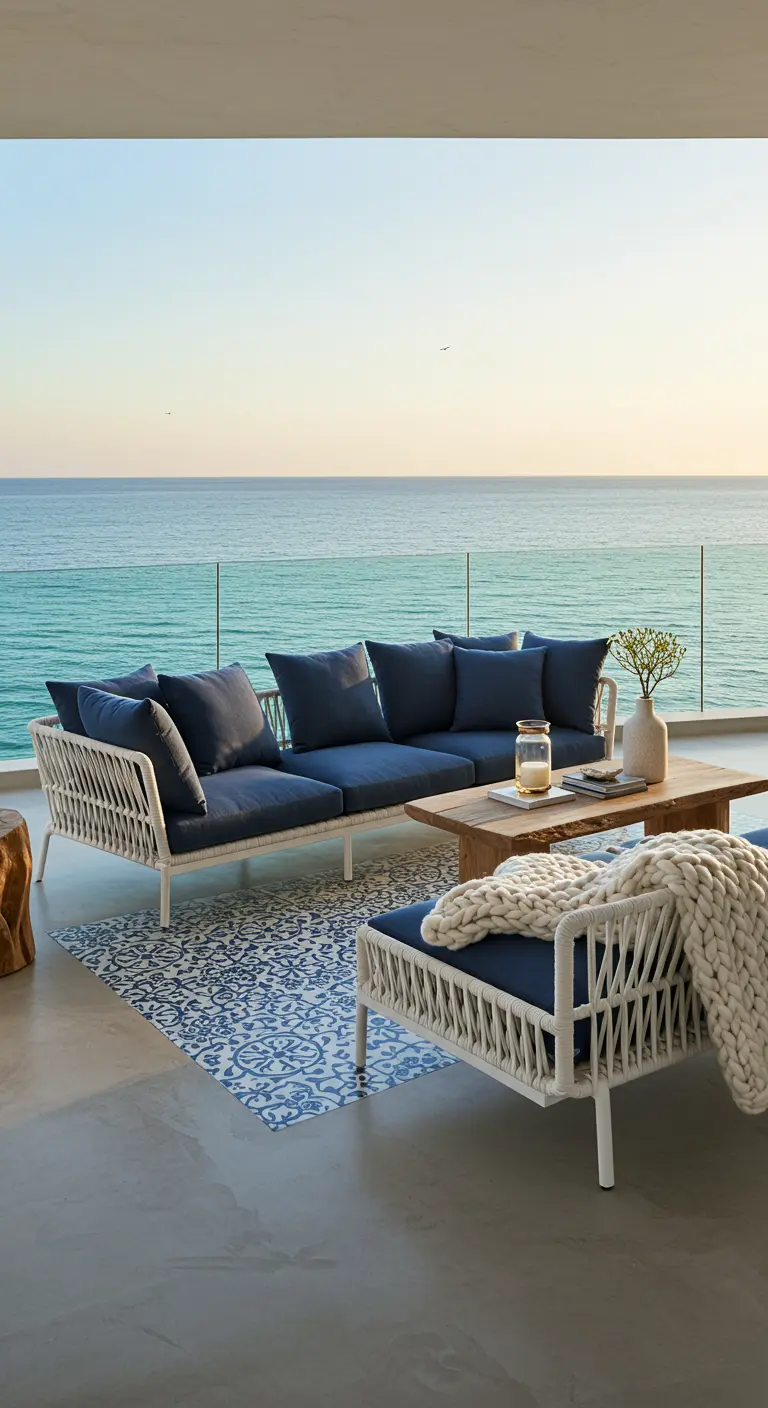 A coastal balcony with a white rope sofa, navy cushions, and a blue patterned rug overlooking the ocean.