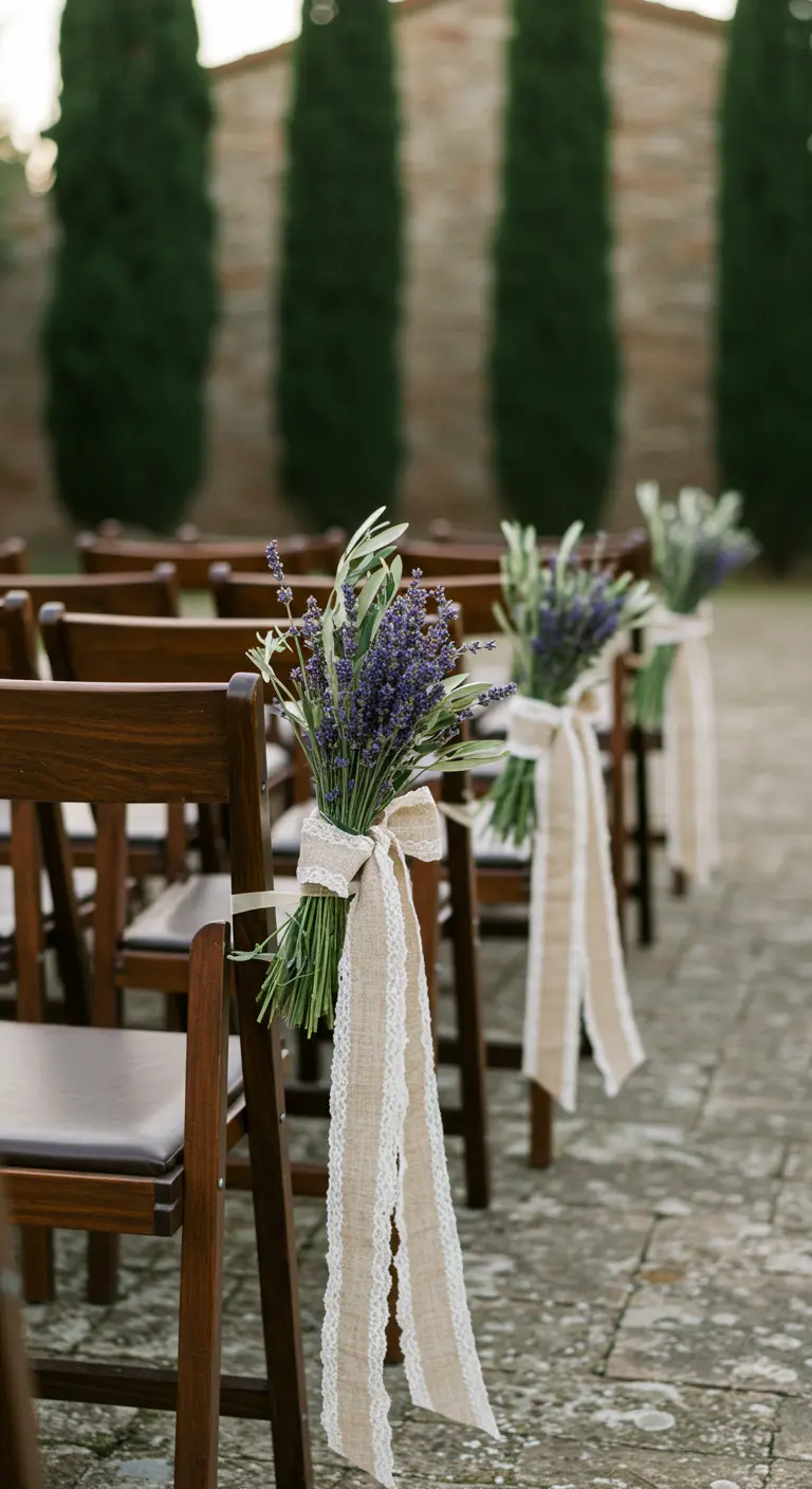 Bouquets of lavender and olive branches tied to chairs with burlap and lace.