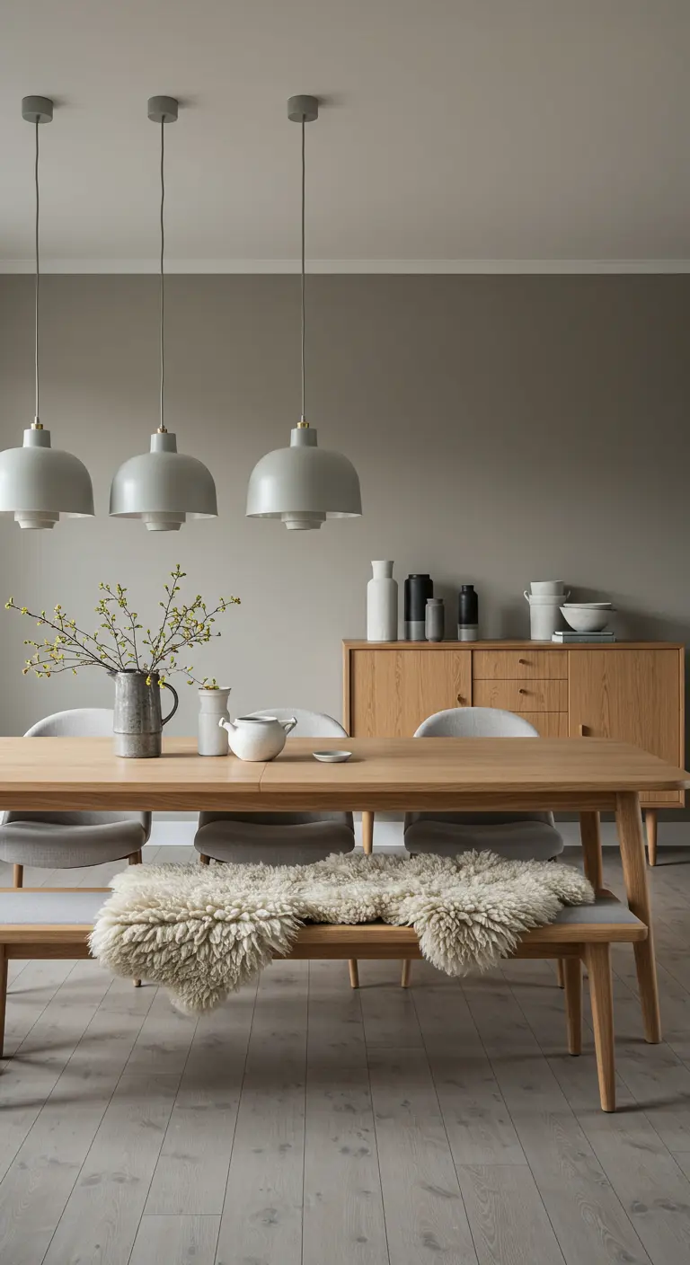 Long oak dining table with a bench covered in a large sheepskin throw, and three matching pendant lights overhead.