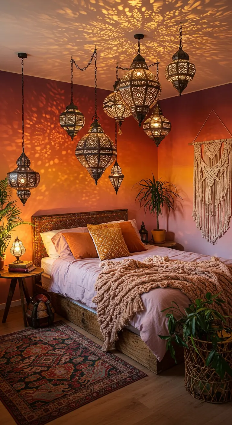 A bohemian bedroom with multiple hanging Moroccan lanterns casting patterns on a red-orange gradient wall.