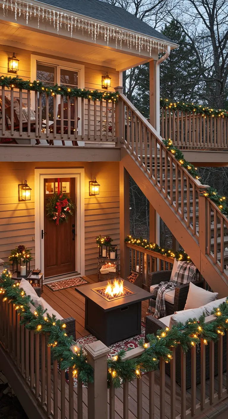 A multi-level wooden deck decorated with garlands, with a cozy seating area and fire pit below.