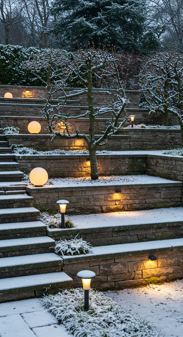A tiered stone garden with lights on the steps and glowing orbs on the landings.