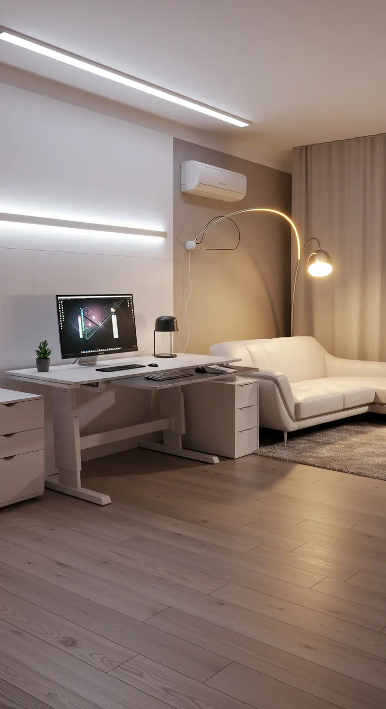 A modern room with a white adjustable-height desk under bright linear lighting and a sofa in the background.