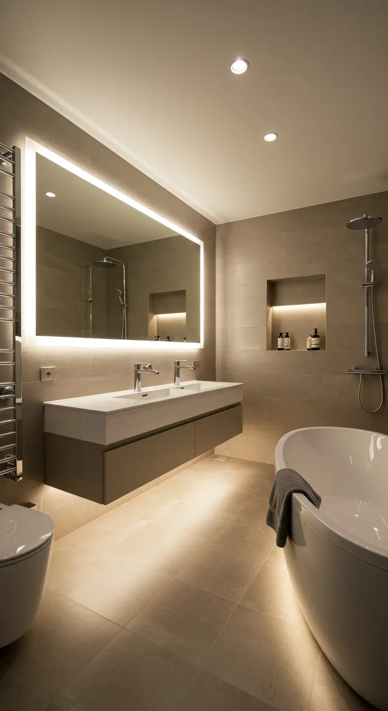 Neutral-toned bathroom with layered warm lighting under the tub, vanity, and behind the mirror.