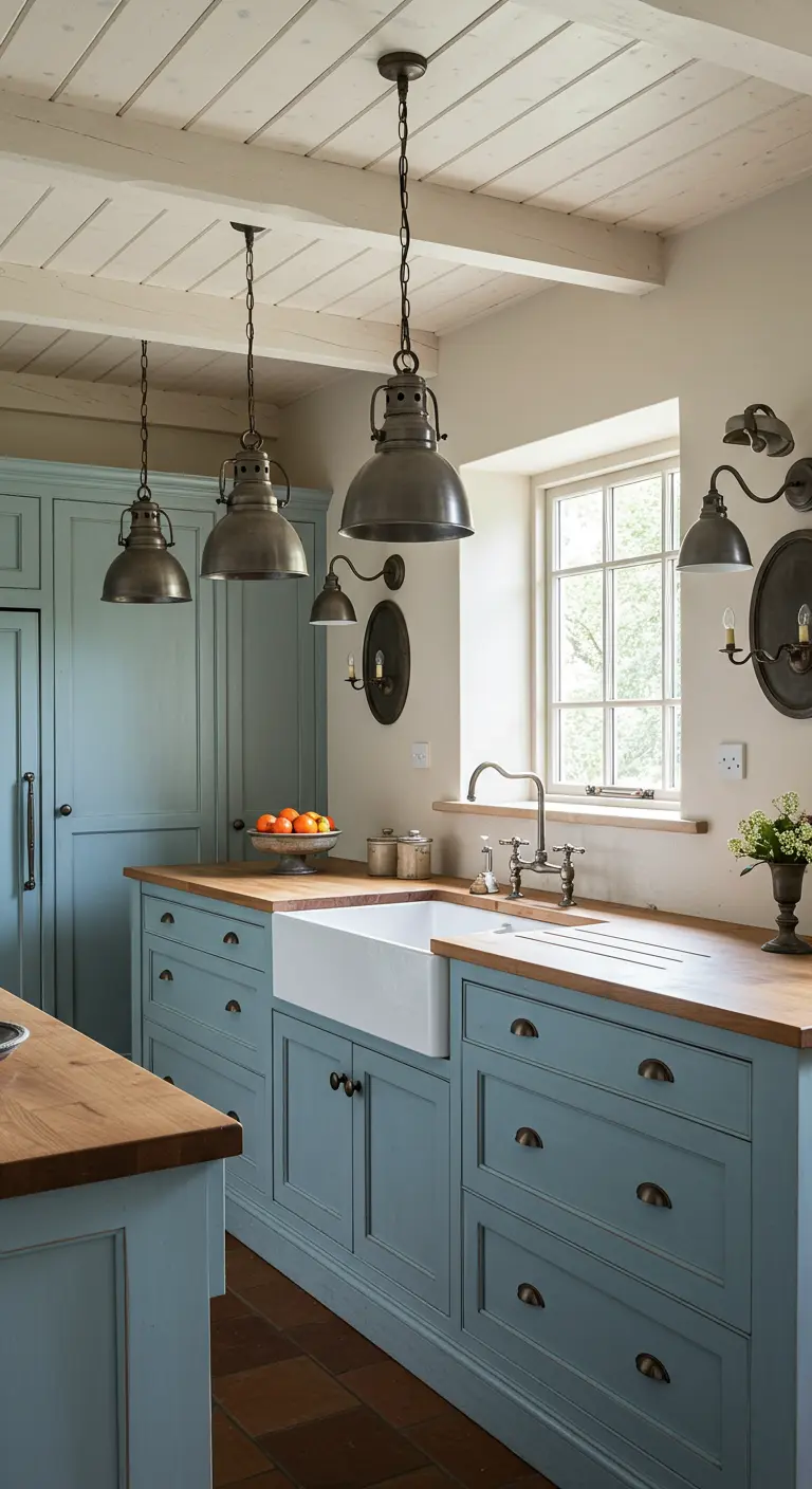 A Country French kitchen with blue cabinets, a farm sink, wood countertops, and various pewter lights.