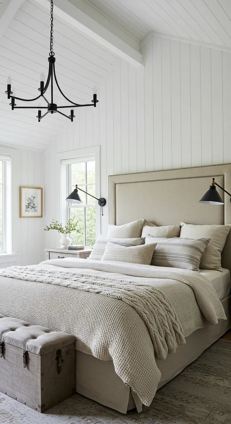 Modern farmhouse bedroom with white shiplap walls and a black metal chandelier.