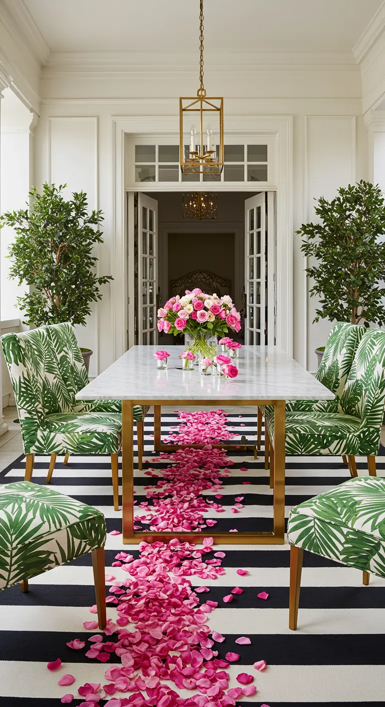A marble table with a runner of pink petals over a striped rug and palm-print chairs.
