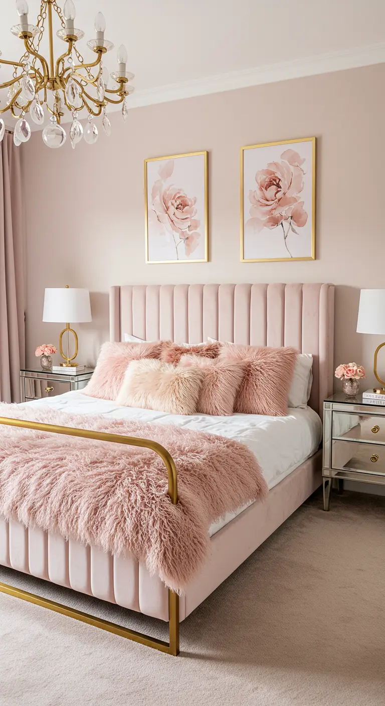 Blush pink bedroom with a velvet bed, faux fur throw, and gold accents.