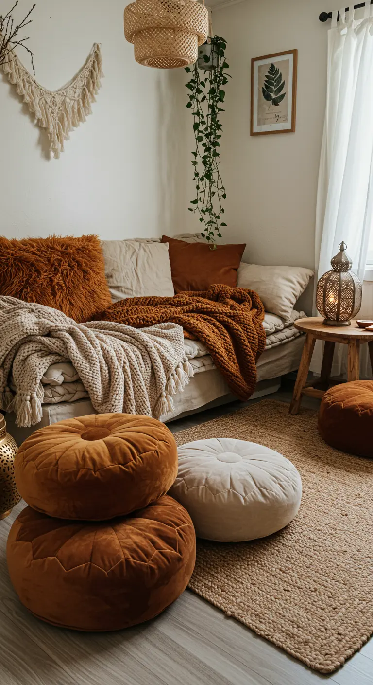 Bohemian living area with a daybed, layered throws, and plush floor cushions in earthy tones.