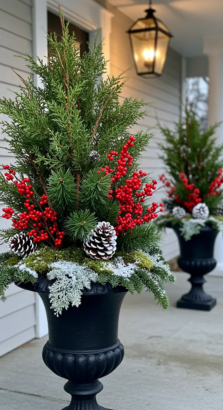 A close-up of a black urn filled with a lush mix of juniper, pine, berries, and frosted pinecones.