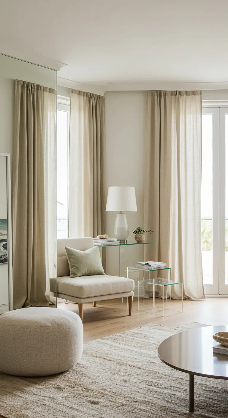 Living room corner with a beige armchair, glass nesting tables, and sheer linen drapes.