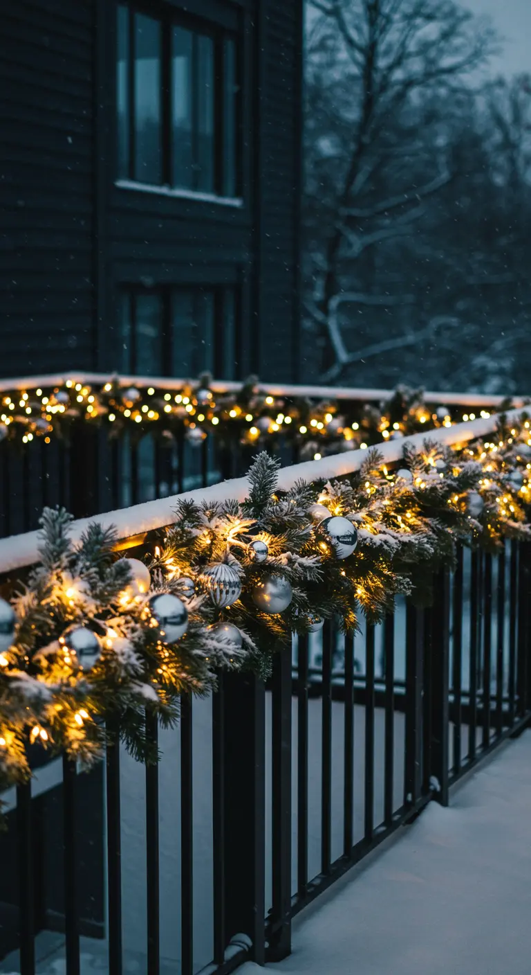 A thick, snow-dusted garland with warm lights and silver ornaments on a dark railing.