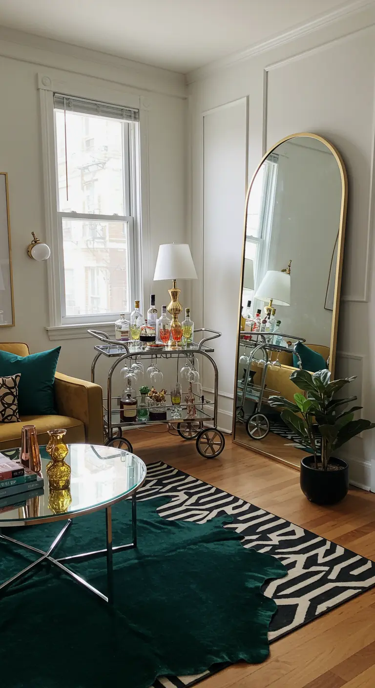 Arched floor mirror next to a silver bar cart and a layered zebra-print and green rug.