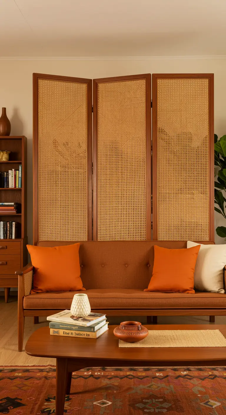 A three-panel cane screen behind a rust-orange sofa with warm-toned pillows.