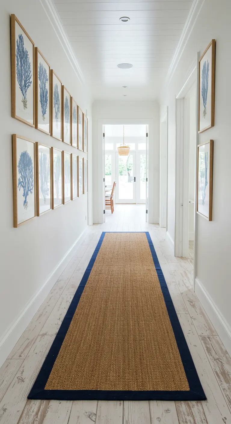 Long hallway with whitewashed floors, a jute runner, and a gallery wall of coral prints.