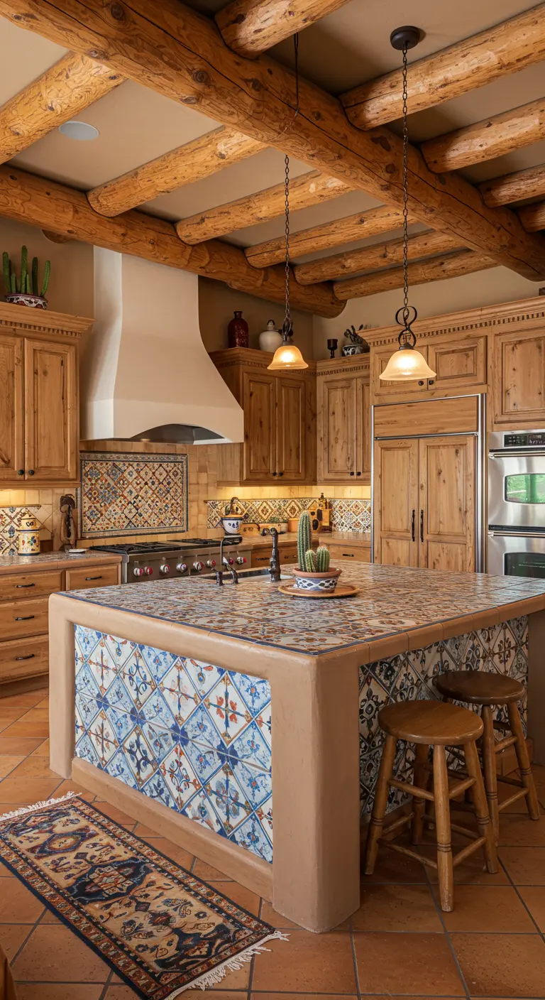 A Southwestern-style kitchen with bold blue patterned tile, log beams, and wood cabinets.