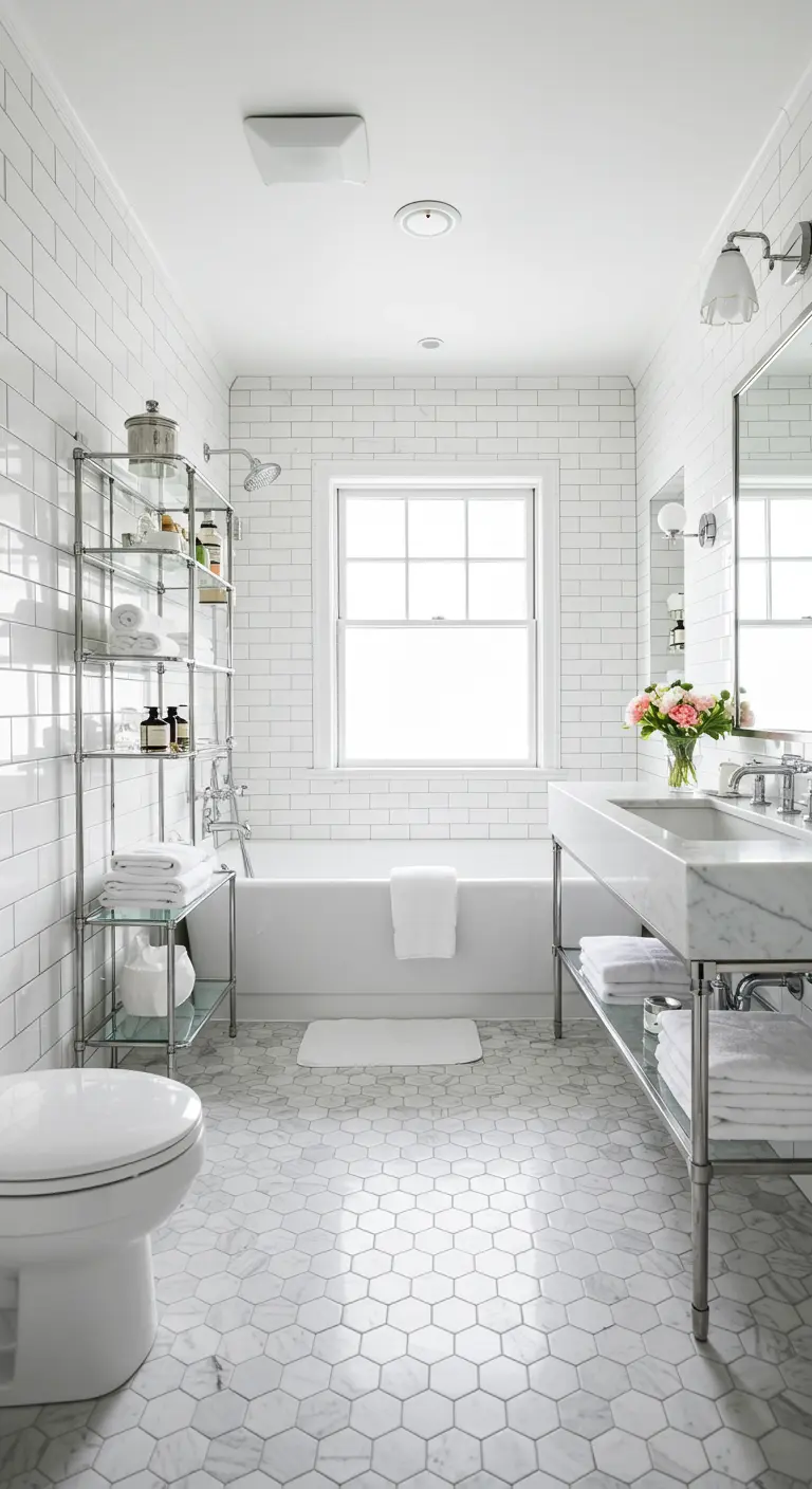 White bathroom with hexagon tile floors and open chrome-and-glass shelving.